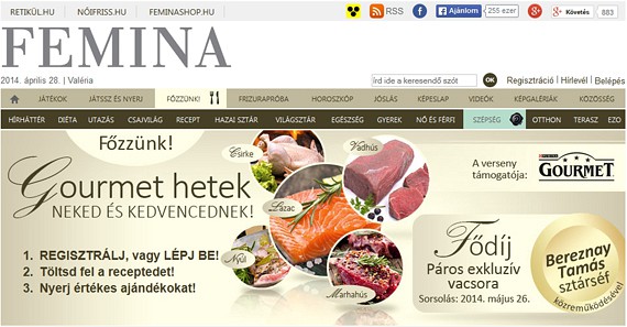 A Femina.hu Főzzünk receptfeltöltőjén Gourmet heteket tartottunk egy hónapon keresztül, így olvasóink a Purina Gourmet macskaeledelek ízvilágával megegyező recepteket tölthettek fel. (2014 május)